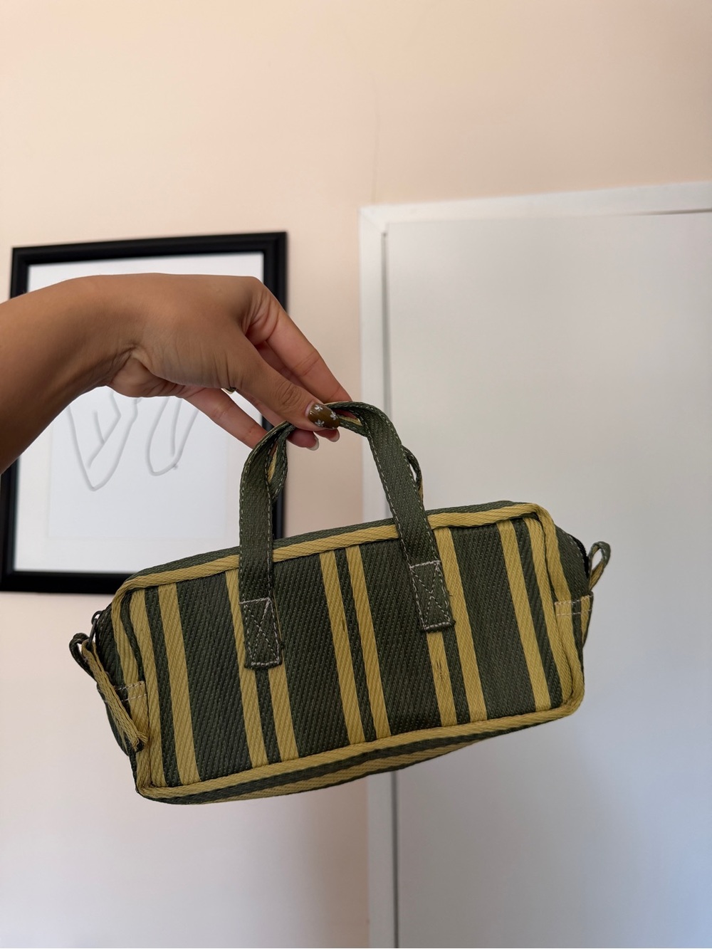 Monty Striped Mini Carry Bag in Olive & Yellow - Picture 2 of 3